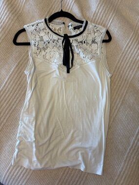 RW&CO. White Lace Yoke Camisole with Black Neck Tie